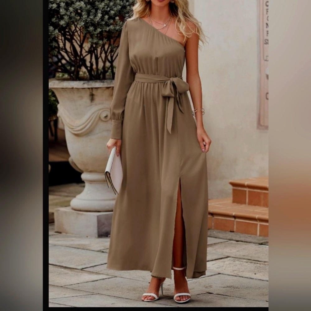 NEW Women's Satin Long Sleeve One Shoulder Maxi Dress Asymmetrical Tie Waist